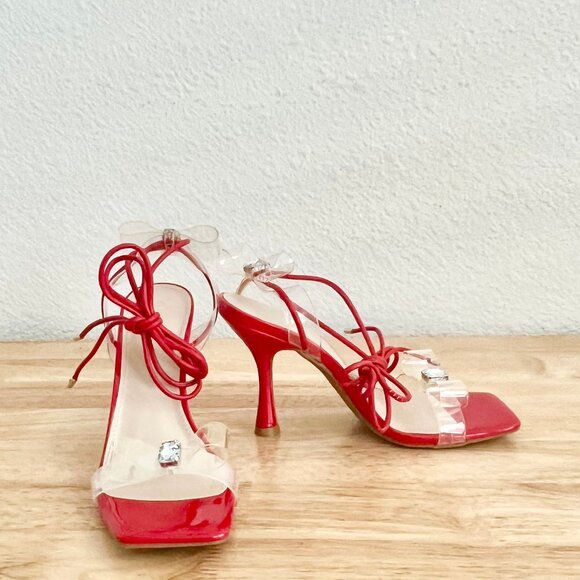 Women's 7 US Red Strappy Lace-Up Ankle Strap Clear Bow Rhinestone Stiletto Heels - Picture 4 of 10